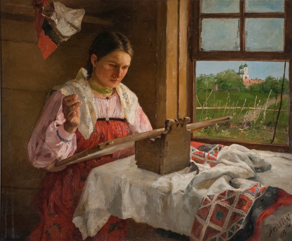 Малявин Ф.А. Крестьянская девушка за вышиванием. 1893. Холст, масло. 