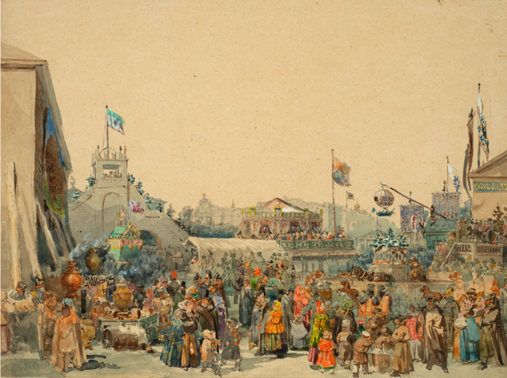 Василий Садовников. «Балаганы на Адмиралтейской площади в Петербурге» (1849). Правообладатель: Государственный Русский музей, rusmuseumvrm.ru.