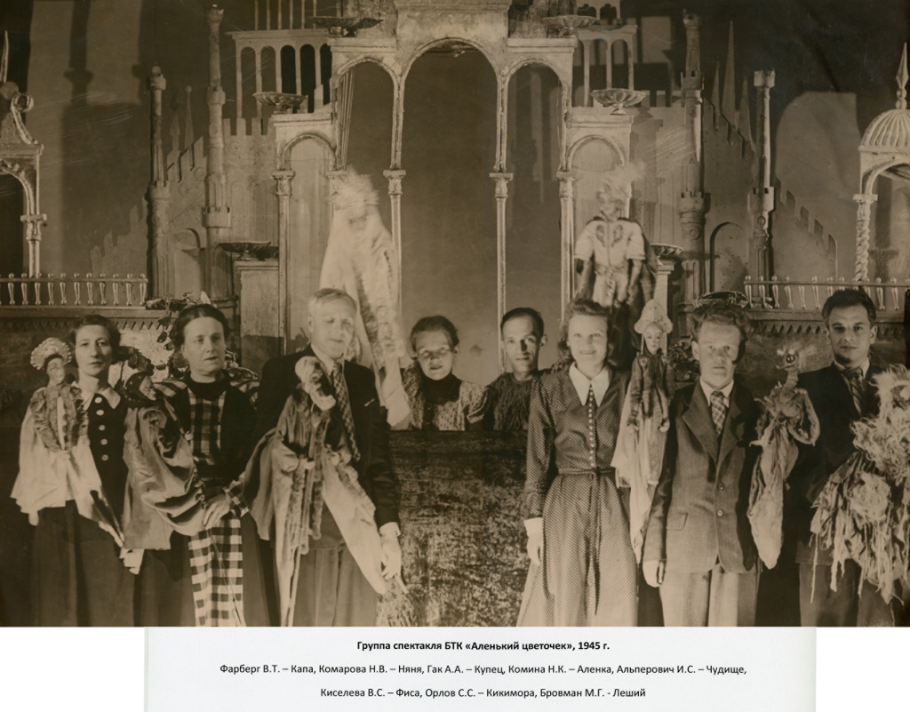 Спектакль «Аленький цветочек» (1945). Актеры: Фарберг, Комарова, Гак, Комина, Альперович, Киселева, Орлов, Бровман. Правообладатель: Большой театр кукол.