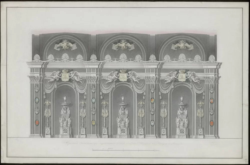 «Печальная комиссия 1825 г.» (проекты убранств к похоронам Александра I). Траурное убранство Петропавловского собора. Правообладатель: artsacademymuseum.org. 8888.jpg