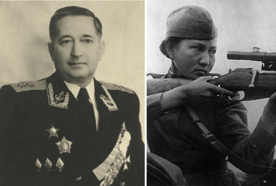 Вице-адмирал Виктор Чероков. Герой Советского Союза Алия Молдагулова. Правообладатель: Государственный каталог Музейного фонда Российской Федерации. Герой Советского Союза Алия Нурмухамбетовна Молдагулова. Вице-адмирал Виктор Сергеевич Чероков. Правообладатель: Государственный каталог Музейного фонда Российской Федерации.