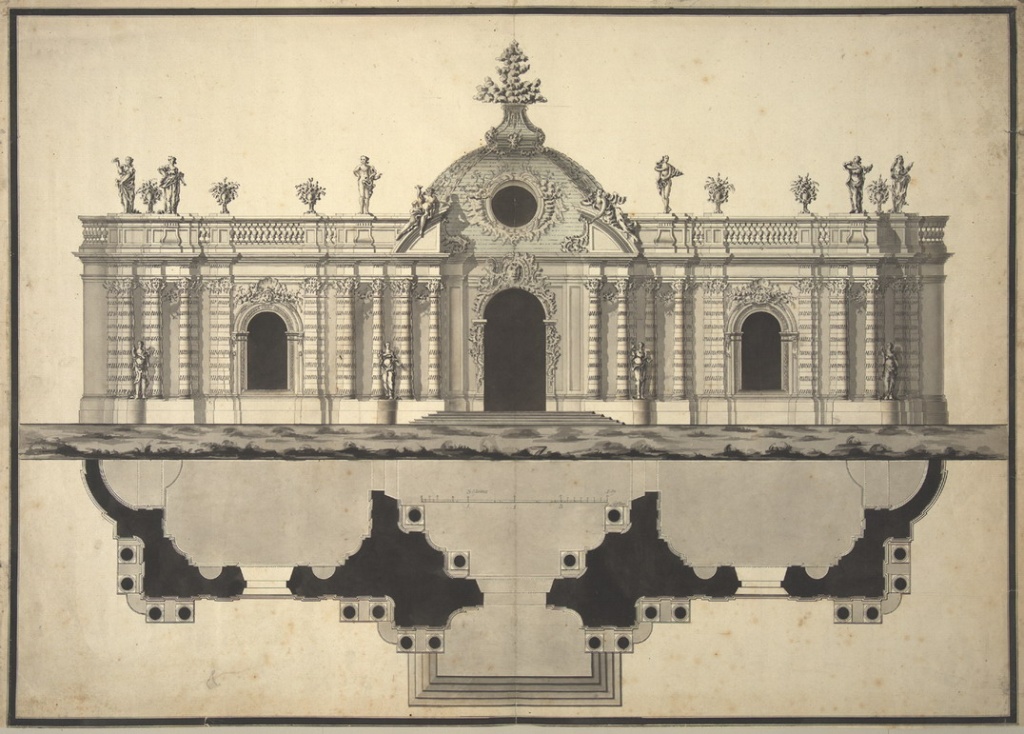 Ф. -Б. Растрелли. Грот в Царском Селе. Фасад и план. 1760-е годы.