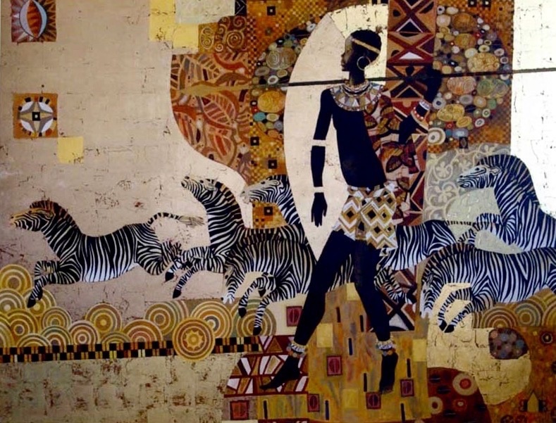 Вера и Владимир Лихачевы. «Африка. Адам». 150 см х 220 см, Холст, акрил, позолота. 2008.