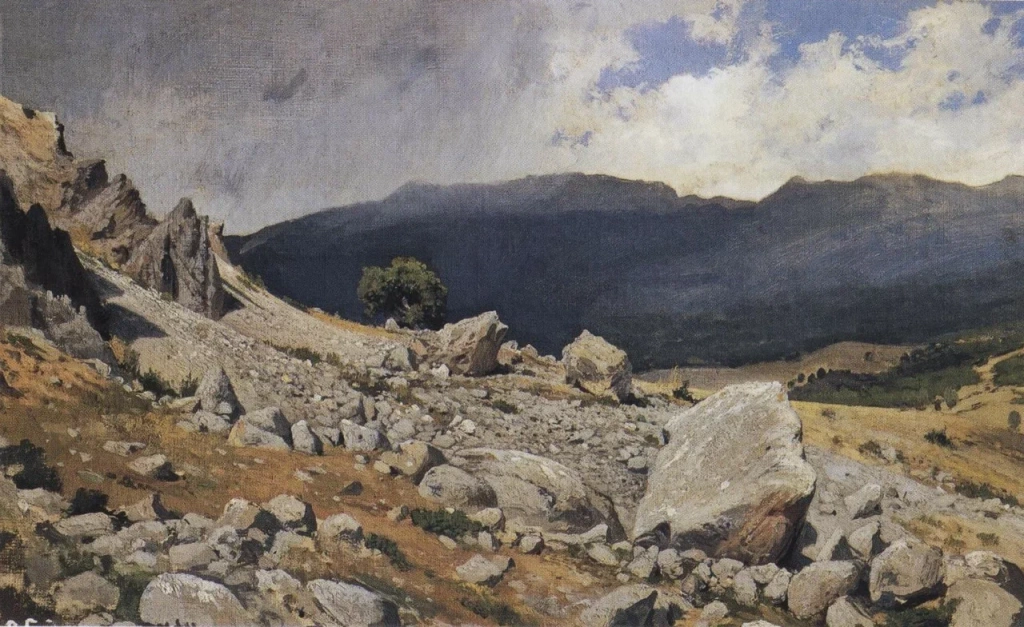 И. Шишкин. Из окрестностей Гурзуфа. 1879. Х. на картоне, м. 35 х 54. ГРМ..jpeg