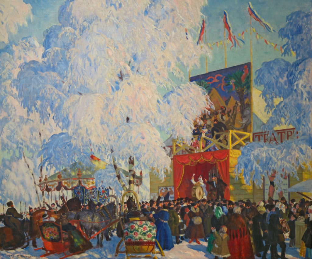 Борис Кустодиев «Балаганы» (1917). Правообладатель: Государственный Русский музей, rusmuseumvrm.ru.