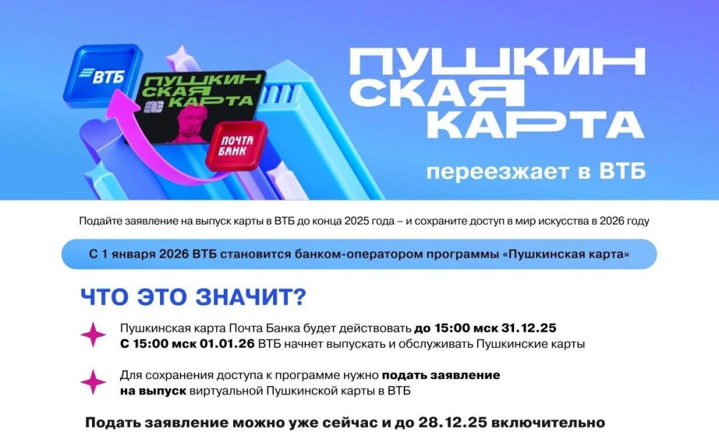 С 1 января ВТБ начнет выпускать и обслуживать «Пушкинские карты». 
