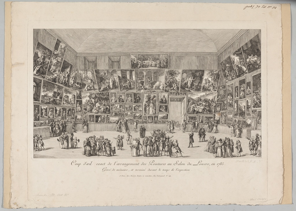 Пьетро Антонио Мартини. Точное воспроизведение развески живописных полотен на Салоне в Лувре в 1785 году. Бумага, гравюра резцом.