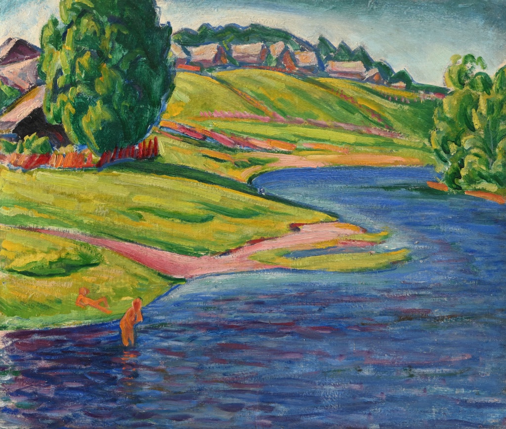 С. Я. Шлейфер. Сельский пейзаж с купальщицами. Картон, масло. 1915 – 1924. ГМИ СПб..jpg