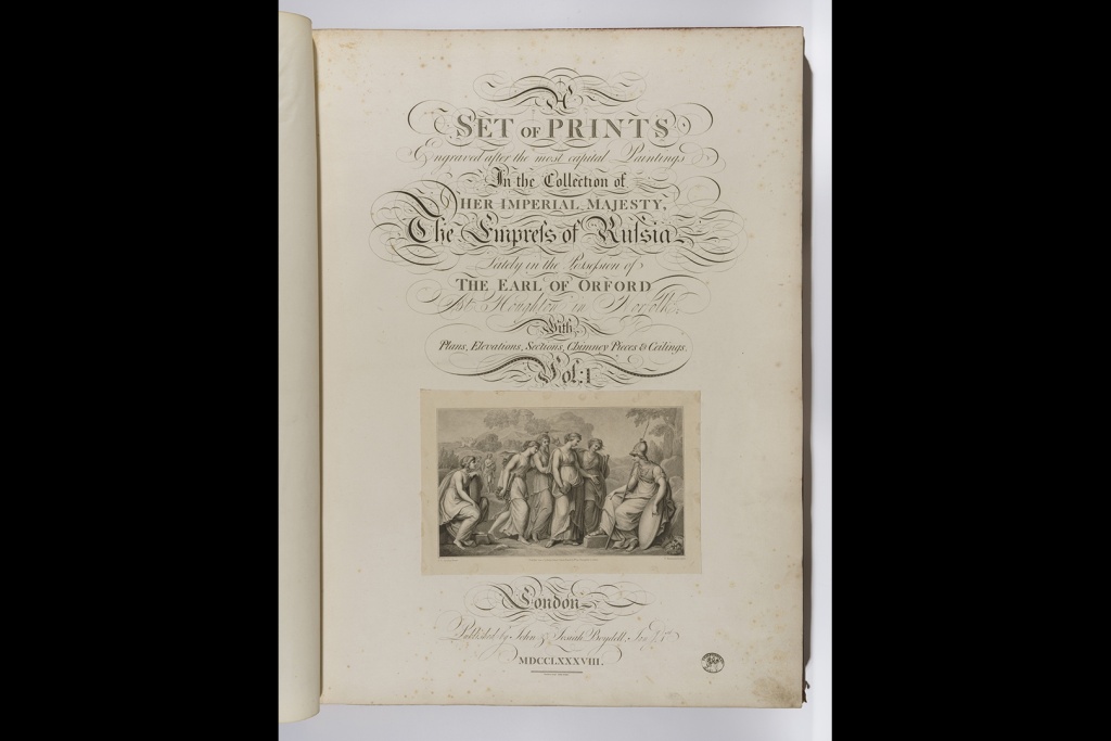  Титульный лист издания «Галереи Уолпола». Франческо Бартолоцци (1727–1815) по рисунку Джованни Баттисты Чиприани (1727–1785). Виньетка, Изображающая Минерву и девять муз. 