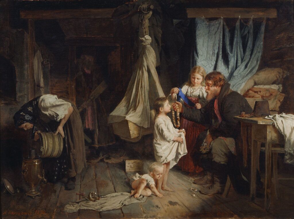 Картина Алексея Корзухина «Возвращение из города» (1870). На ней изображен крестьянский быт, где глава семейства вернулся из города с покупками и гостинцами для жены и детей. Правообладатель: Третьяковская галерея. Картина Алексея Корзухина «Возвращение из города» (1870) изображает бедный крестьянский быт, где глава семейства вернулся из города с покупками для семьи и гостинцами для детей. Правообладатель: Третьяковская галерея.