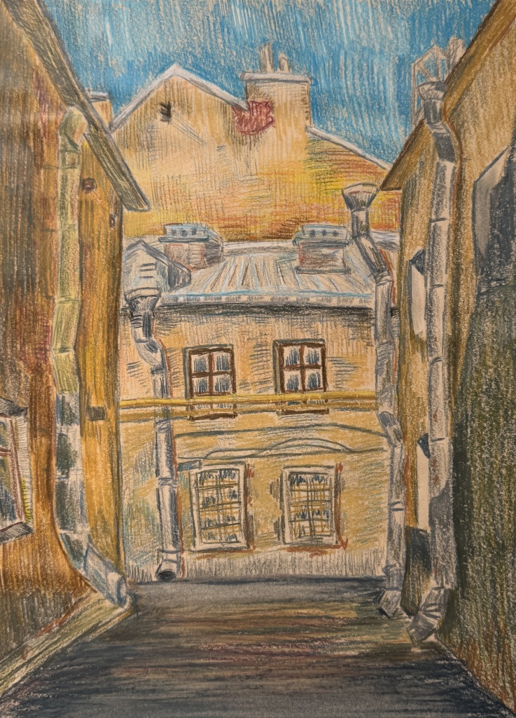 Иннокентий Молчанов (15 лет). «Во дворе на Обводном канале». Цветная бумага, цветные карандаши. Преподаватель Ю.Погонина. Правообладатель: art-schkola16.ru. Молчанов Иннокентий (15 лет). Во дворе на Обводном канале. Цветная бумага, цветные карандаши. Преподаватель Погонина Ю. В..jpeg