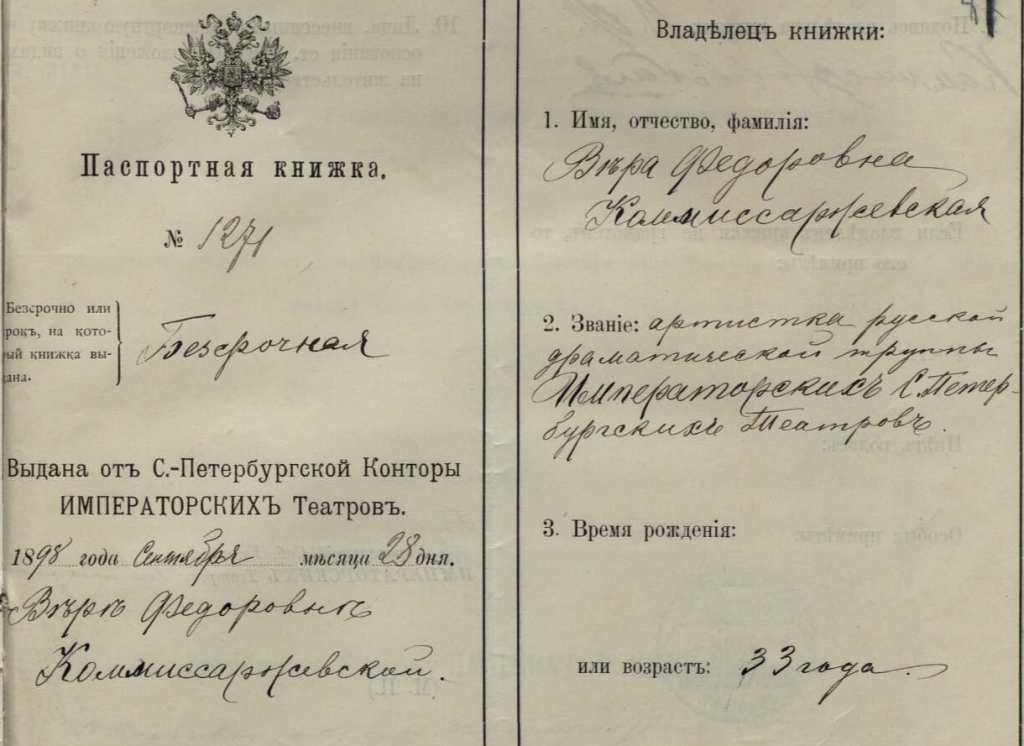 Паспортная книжка Веры Комиссаржевской. 