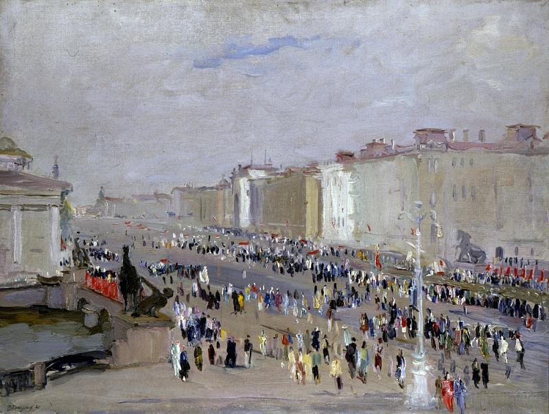 Вячеслав Пакулин «Невский в праздник 9 июля 1945 года». 1945 г. Правообладатель: ГРМ, rusmuseum.ru. В. В. Пакулин, «Невский в праздник 9 июля 1945 года». 1945. Правообладатель: ГРМ, rusmuseum.ru.